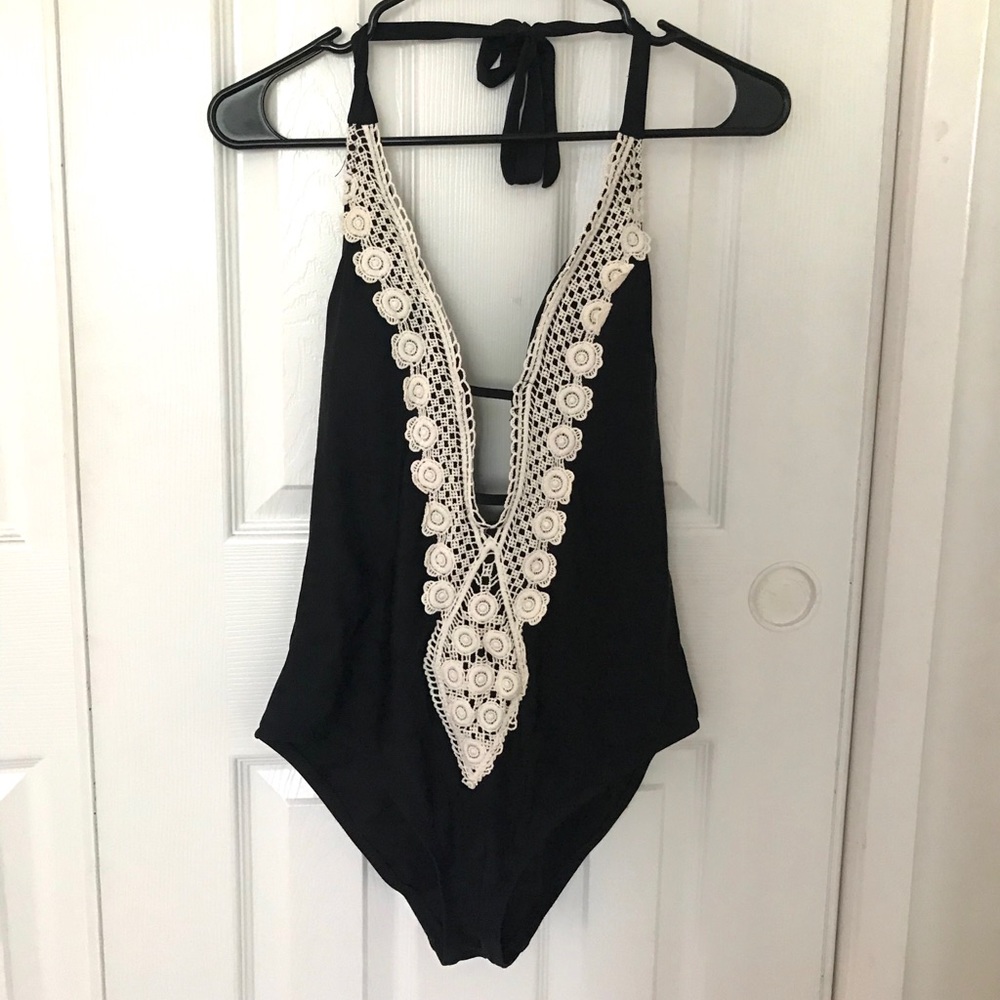 Crochet Detail One Piece Black Bathing Suit Bikini